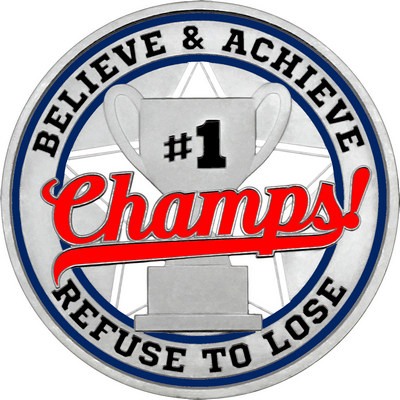 Red "Champs!" with Navy Blue Outer Circular Borders